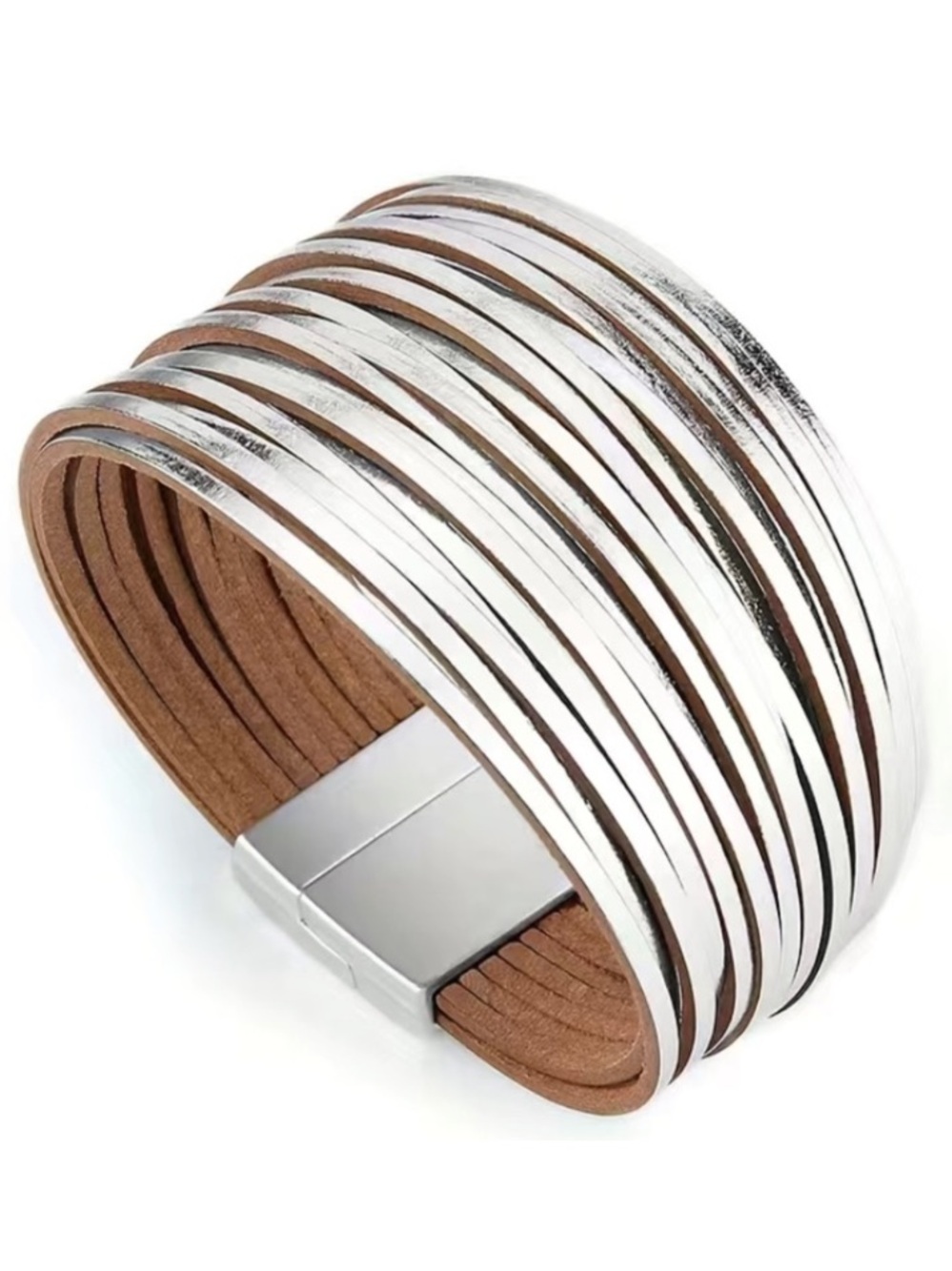 Silver Shimmering Metallic Multi Layer Leather Magnetic Bracelet